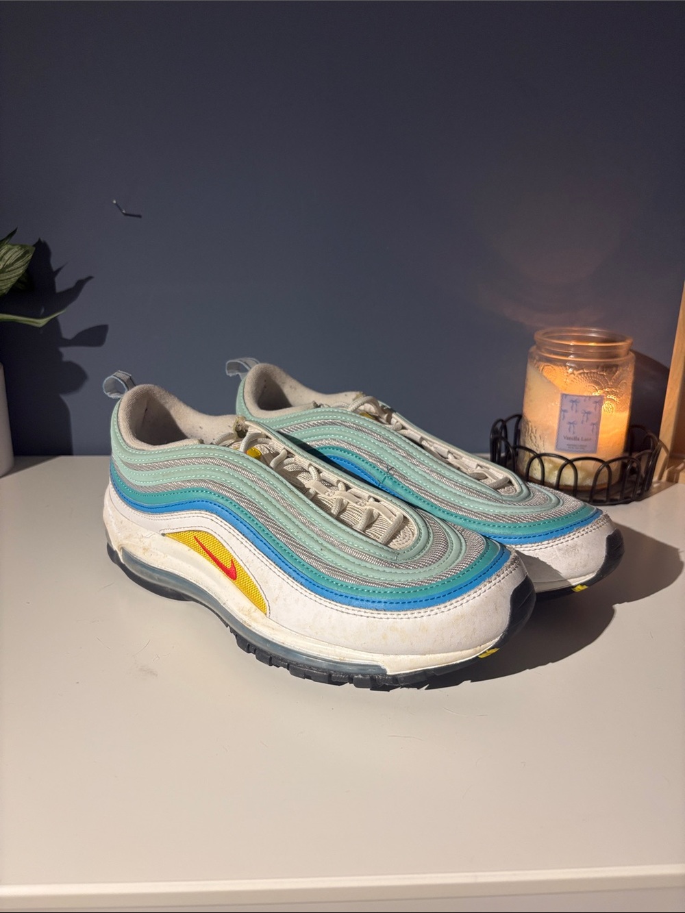 Nike Air Max 97 White Aqua Blue Yellow Wave Sneakers